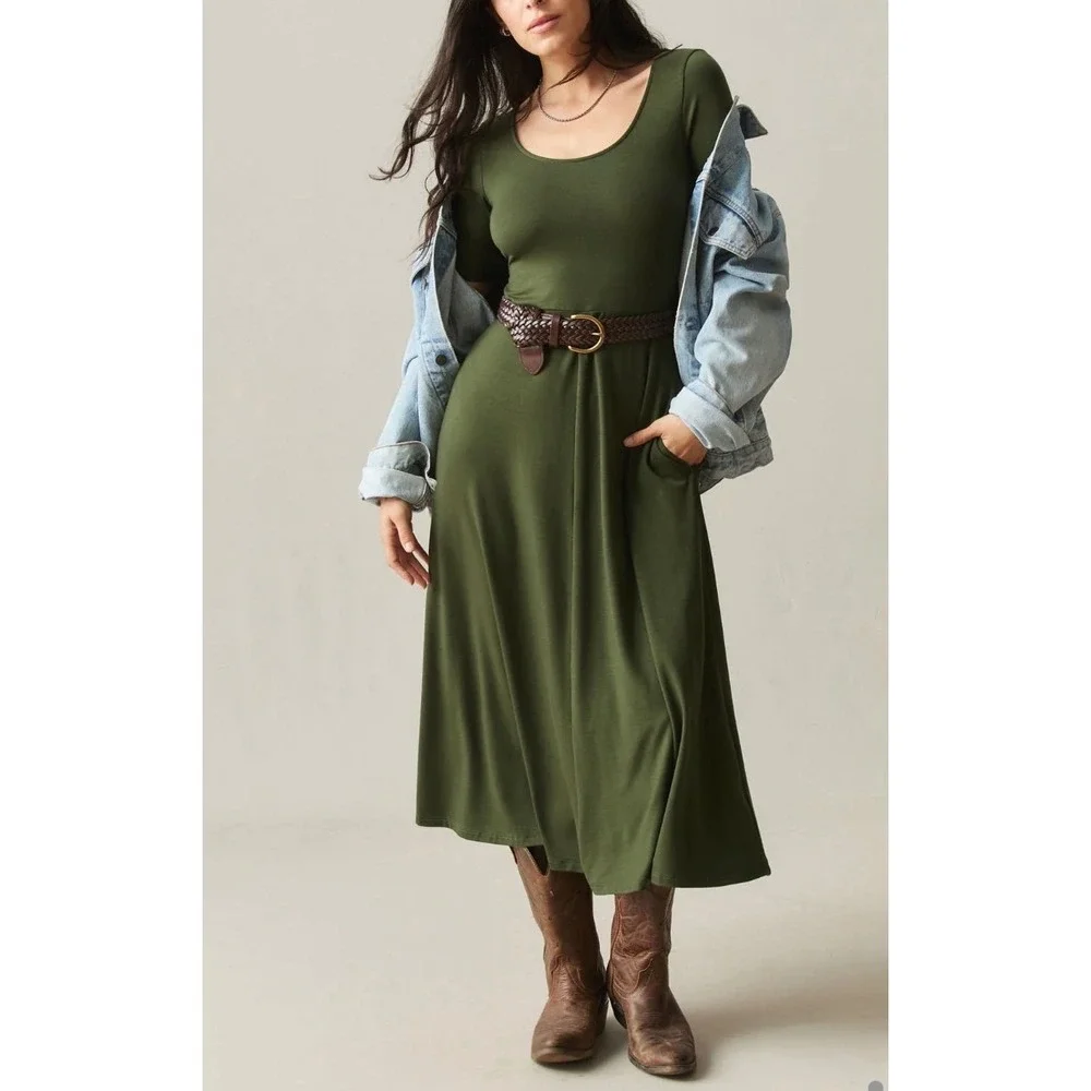 American Giant Olive Green Flex Fit & Flare Midi Dress Womens Size M USA Made - Picture 8 of 12